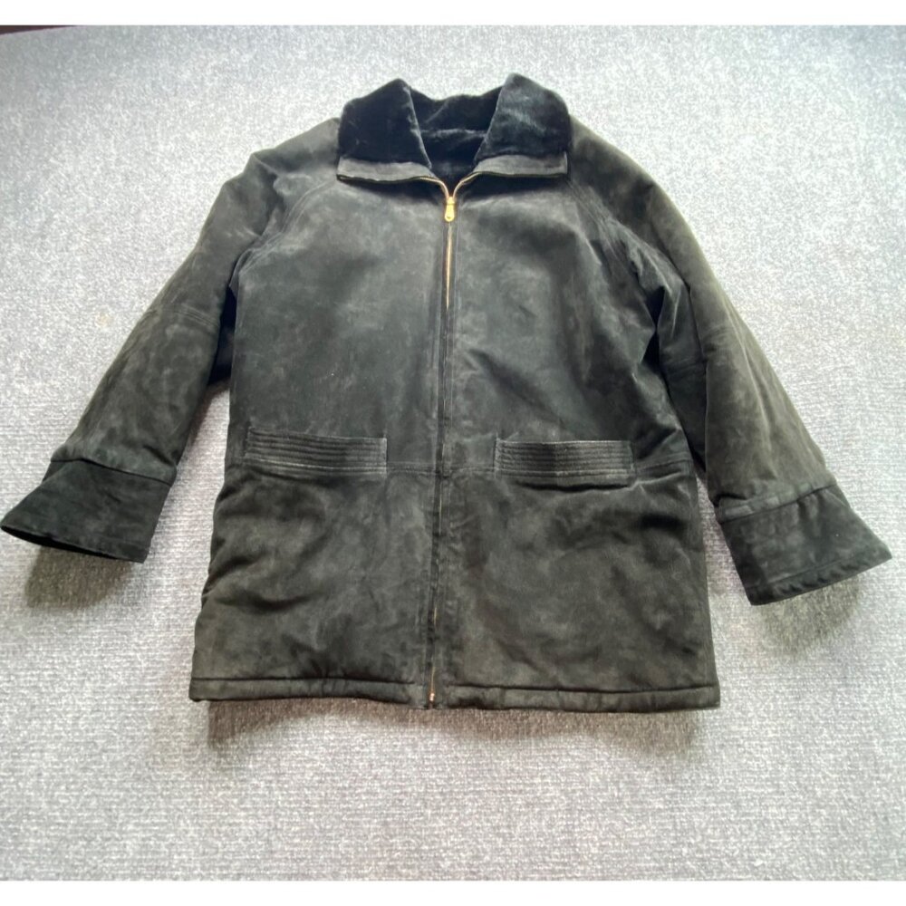 Vintage JLC Reversible Coat Womens L Black Suede Leather Faux Fur Zip Grunge Y2K